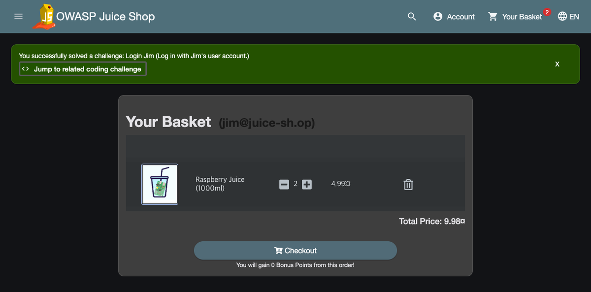 Logged-in basket, proving the real login flow