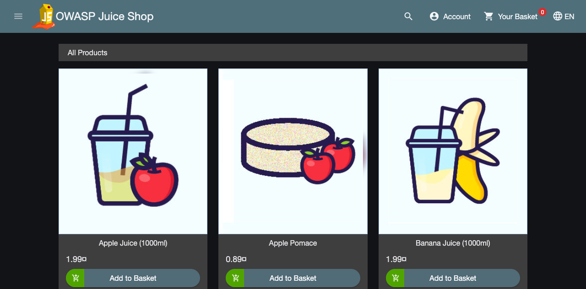 Juice Shop product listing