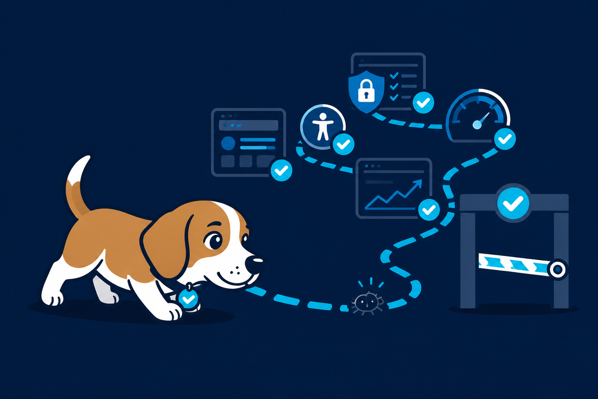 A cartoon beagle sniffing along a dashed trail past screens, a lock, an accessibility icon, and a speed gauge, toward a bug and an open gate